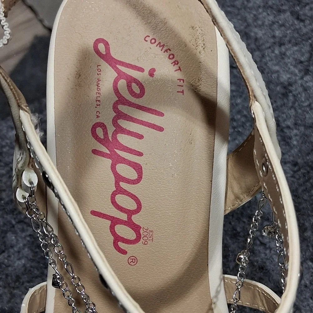 Jellypop Wedge Sandals Cream With Silver  Tone Chain Jewel Accents  Ankle Strap - Picture 3 of 13